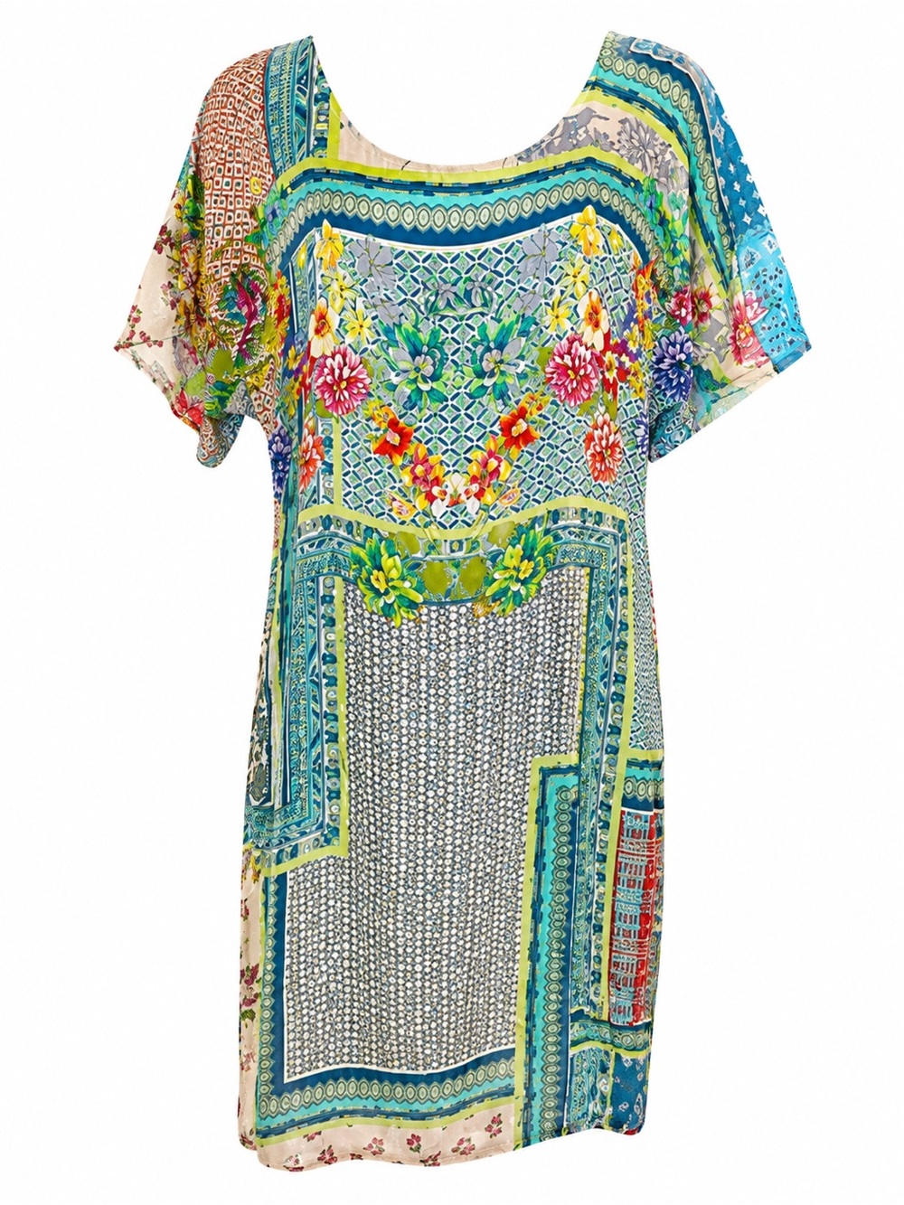 Johnny Was XS Boho Floral Tile Print Side Slit Midi Tunic Dress Cupra Rayon⁠